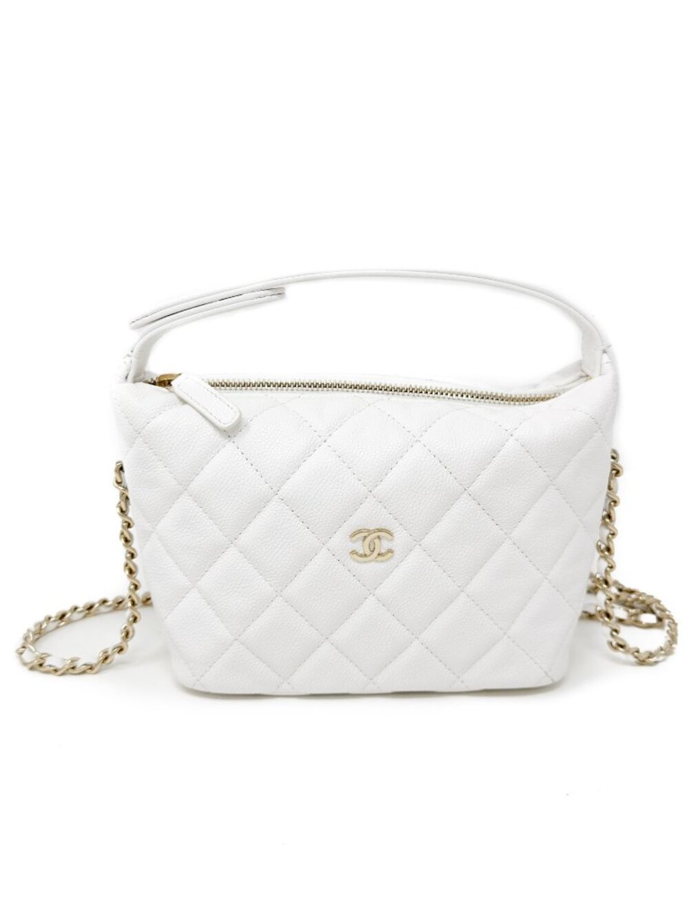 Chanel 2026 White Quilted Caviar Leather Hobo Bag with Chain